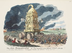 Der Gin Juggarnath oder die Verehrung des großen Geistes des Zeitalters!! - Seine Anhänger zerstören sich selbst - Sein Fortschritt ist von Verwüstung, Elend und Verbrechen geprägt, veröffentlicht 1835 von George Cruikshank